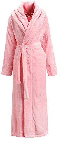 Liveinu Unisexe Chaud Peignoir de Bain Long Éponge Polaire Robe de Chambre avec Col Châle Flanelle Vêtement De Nuit Hiver Longue de Cheville Femme Homme Kimono Robe Rose EU XL