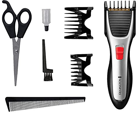 Remington Titanium Clippers, Cordless, Includes Scissors, Grey/Black, HC340 | Two Guide Combs (0.5–18mm), barber comb, Grey and Black Design, Up to 40 Minutes Cordless Use, Travel Case