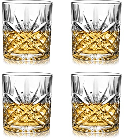 Amisglass Whisky Gläser 4er Set, Bleifrei Kristallgläser als Wassergläser & Longdrinkgläser, Gin Gläser Set 295ml, Rum Gläser Hochwertig & Einzigartig, Perfect Serve