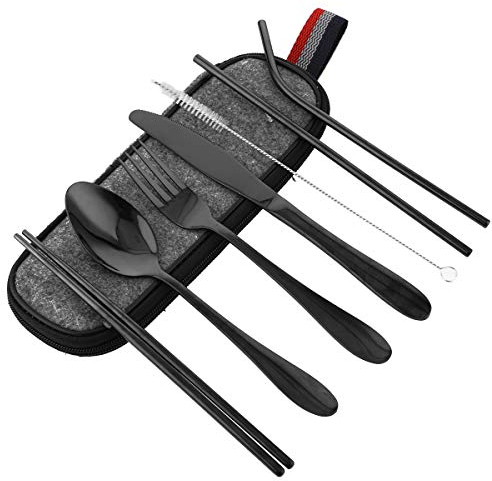8 Pcs Cubiertos Portátiles, Juego de Cubiertos Acero Inoxidable,Cubertería de Cámping,Cubiertos De Viaje, Incluye Cuchillo, Tenedor, Cuchara, Palillos, Cepillo de Limpieza, Pajitas y Bolsa De Tela