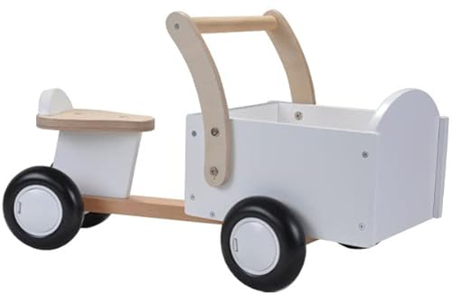 Bandits & Angels Lastenrad Laufrad Little Rider Weiß ab 1 Jahr – Für Jungen und Mädchen – Aufsitz-Lastenrad aus Holz – Laufrad aus Holz Weiß – Geräuscharme Räder – Geschenk zur Babyparty