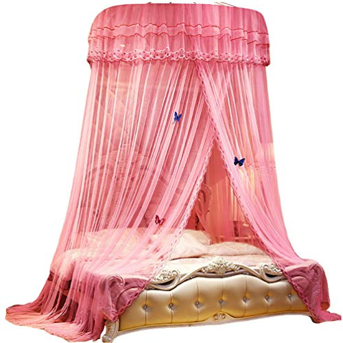 Kaiyei Moskitonetz Universal Himmelbett für Doppel, Einzel, Kinderbetten, Prinzessin Betthimmel Rund mit Klebehaken Schlafzimmer Schmetterling Dekoration Romantisch Palast Pink 180cm×200cm