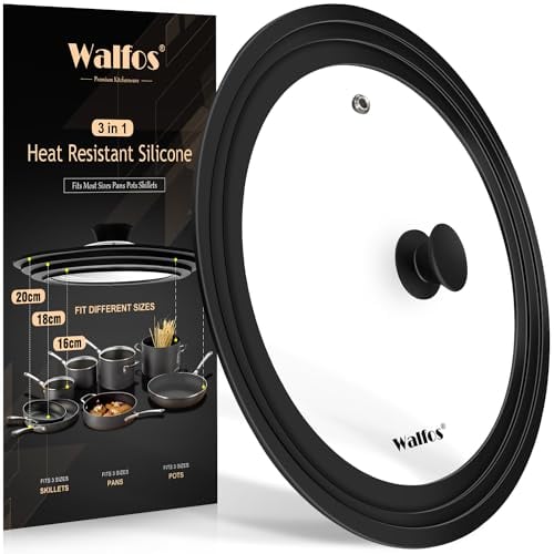 Walfos Universal Lid for Pots, Pans and Skillets - Tempered Glass with Heat Resistant Silicone Rim, Fits 16cm,18cm and 20cm Diameter Cookware