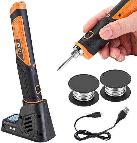 Bakaji Mini Saldatore Elettrico a Stagno Potenza 8W Temperatura Max 450° Professionale Batteria 4V 1500 mAh Ricarica USB con Luce da Lavoro LED Base con Spugna e 2 Bobine Incluse