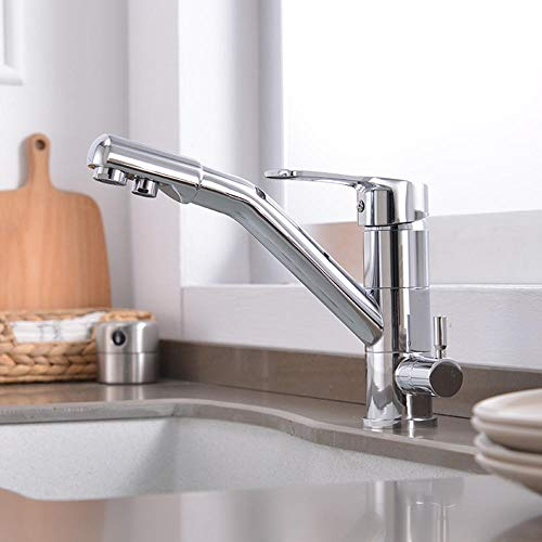Robinet de Cuisine Mitigeur 3 Voies, Osmose Inverse Multifonctionnelle en Laiton Chaud et Froid à Pivotant à 360°S, Robinetterie de Cuisine pour Purificateur D'eau à Filtre