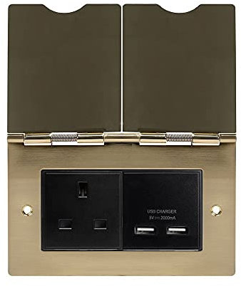 Soho Lighting Brushed Brass Screwless Double Floor Outlet 13Amp Plug Socket & USB Charger - Black Insert for Hotels, Homes & Offices