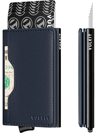 VULKIT Petit Portefeuille Homme RFID Anti Piratage Porte Carte Homme Pop Up Porte-Cartes Bancaires Metallique, Bleu Marine