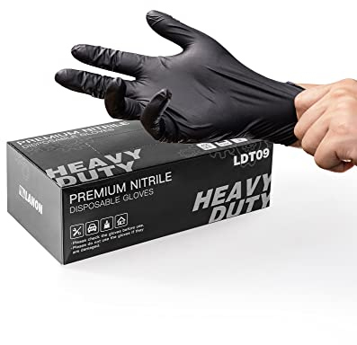 LANON 6 mil Gants Jetables en Nitrile Noir, Mécanicien, Non Poudrés, Sans Latex, Contact Alimentaire, EN 374, 100 Pièces, L/9