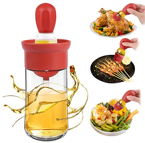 2-in-1 Glasölspender mit Silikonpinsel - Ölpinsel Flasche mit Silikonbürste und Glasölbehälter Ölflasche mit Pinsel für Küche, Kochen, Braten, Backen, Grillen und Pfannkuchen(1, Rot)