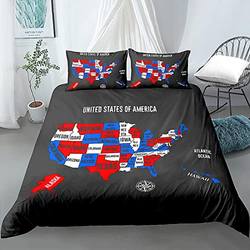 SJSXWQN Bettwäsche 155x220 Schwarze Usa-Karte Bettwäsche-Set mit Reißverschluss Schließung für Kinder Jugendliche Angenehme Atmungsaktive Mikrofaser Bettbezug + 2 Kopfkissenbezug 80x80 cm