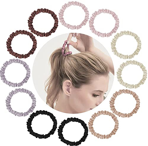 12 Stück Yomaido Scrunchies Haargummi, Seide Haarringe Satin Haargummi Klein, Silk Scrunchie 6 Farben, Hair Ties Für Damen Und Frauen,Pferdeschwanz Reißfeste Zopfgummis