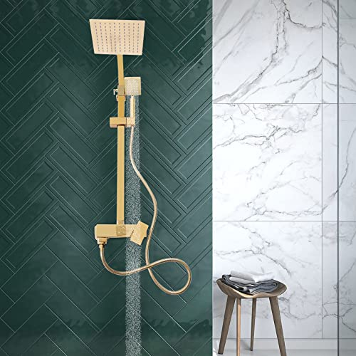 Sistema de Lluvia Dorado con Panel y Columna de Acero Inoxidable - Montaje en Pared con Ducha de Mano y Accesorios - Panel de Latón