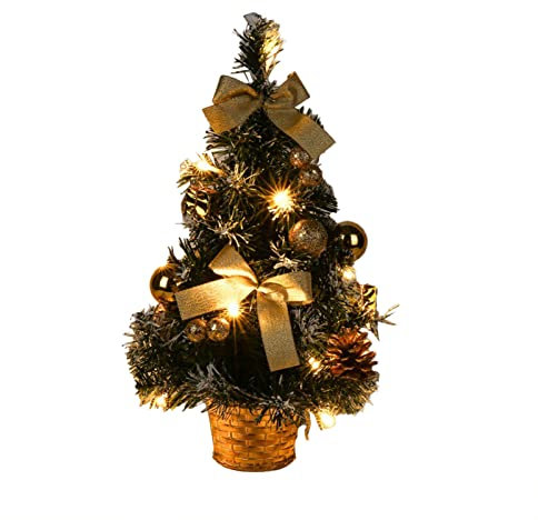 Sapin de Noël Artificiel Lumineux avec Neige Blanche, 40 cm Petit Sapin de Noël de Table LED Guirlandes Lumineuses avec Nœud et Pomme de Pin pour Decorations Table Noël (A)