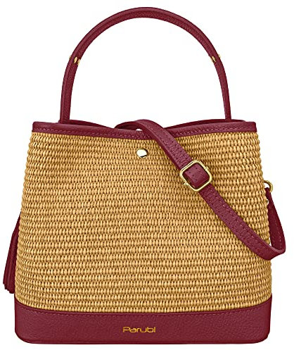 Parubi, Borsa Secchiello Donna a Mano con Tracolla, In Vera Pelle e Rafia Naturale, Made in Italy, Modello Elide, Borsa Media Piccola Per Donna Ragazza Elegante, Porpora