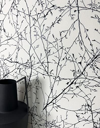 NEWROOM Tapete Weiß Vliestapete Äste - Ästetapete Floral Schwarz Grau Blätter Blumen Blumentapete Romantisch Rosentapete Vintage inkl. Tapezier-Ratgeber