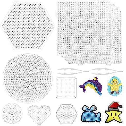 10 Stück Steckperlen Platte Set, Stiftplatte für Bügelperlen, Bügelperlen Platten, Steckperlen Platte Set, Groß Bügelperlen Vorlagen, DIY Transparente Form Puzzle mit 2 Weiße Pinzette