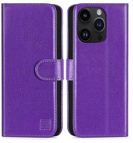 32nd PU Leder Mappen Hülle Flip Case Cover für Apple iPhone 15 Pro (6.1), Ledertasche Hüllen Mit RFID-Blockierung Kartensteckplatz, Magnetverschluss und Standfuß - Violett