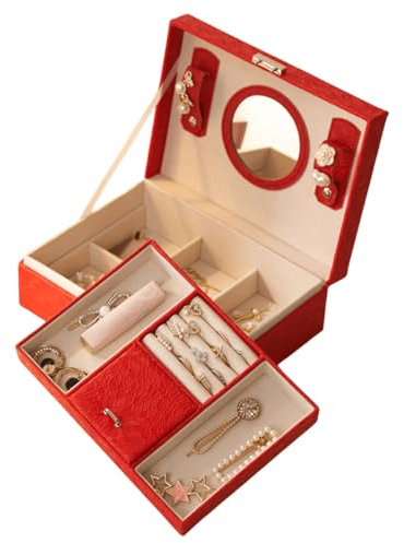 Terafeels Jewellery Organizer Jewelry Boxes for Women 2 Layers Red PU Leather Travel Jewelry Case with Lock Jewelry Storage Box Removable Tray for Rings Earrings Necklace, 23007