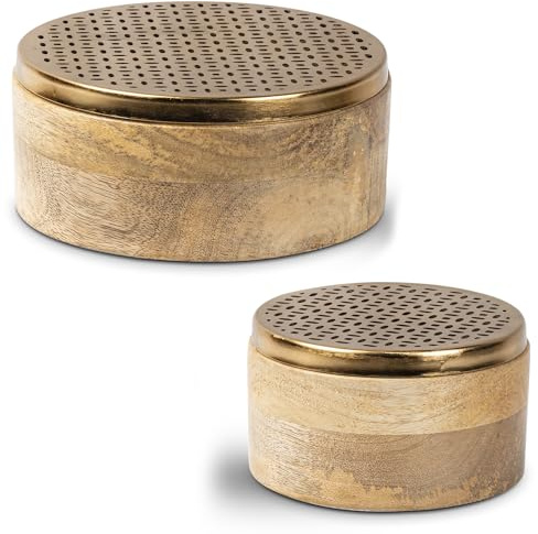 DRW Set mit 2 runden Schachteln aus Holz und Metall in Gold, 17 x 17 x 7 cm und 12 x 12 x 7 cm, 17x17x7cm y 12x12x7cm