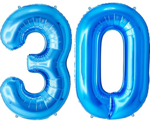 FUNFEST Luftballons zum 30. Geburtstag, blaue Farbe, 100 cm – Geburtstagsballon-Dekoration – inklusive XL-Ballon zum 30. Geburtstag und Strohhalm – Fliegen mit Helium