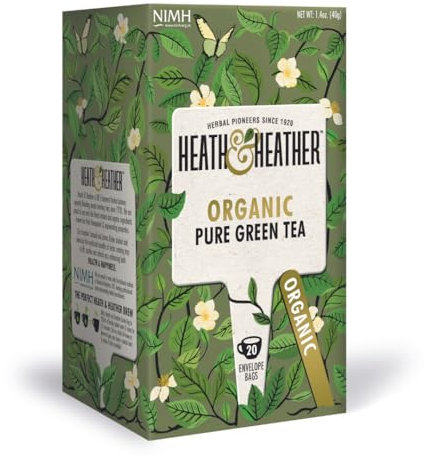Heath & Heather Organic Pure Green Tea | Individually Wrapped Caffeine-Free Herbal Tea Infusions | 1 Pack of 20, Total 20 Tea Bags