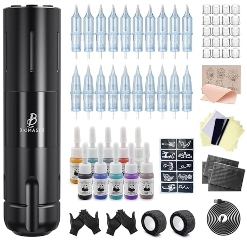Biomaser Wireless Machine Set Complete Maschine Set 1800 mAh Akku Rotary pen Wireless Maschine Pen mit 20 Stück Nadel 10 Stück Tinte Hautverband üben für Anfänger und Künstler
