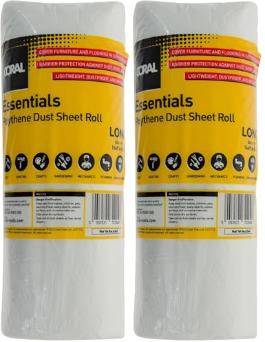 Coral 72204 Essentials 100 Sqm (2M X 50M) Polythene Dust Sheet Roll Drop Cover Spill Splash Protection for Painting (Pack of 2)