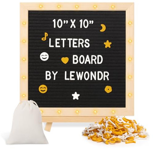 Lewondr Tablero de Fieltro, Cartel de Fieltro 25x25cm con 20 Luces LED, Tablero de Mensaje Cambiable con 340 Letras y Símbolos, Tablero de Anuncio Retro para Cumpleaños, Bodas, Fiestas, Negro