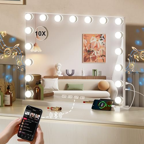 Guanglai Hollywood Vanity Mirror with Bluetooth Speaker and Lights, Makeup Mirror with USB Charging Port, 3 Color Lights, Adjustable Brightness, Touchscreen Control 50X60CM