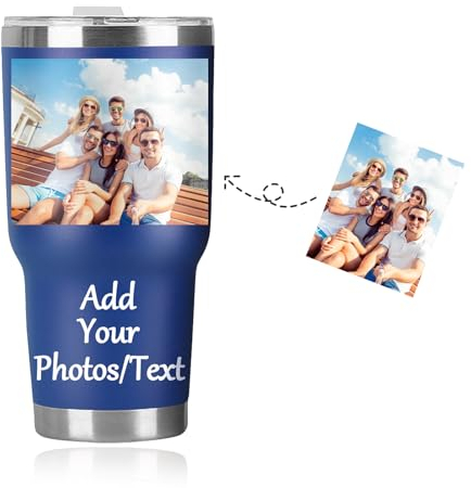Personalized Travel Mug with Picture&Text,Customized Coffee Cup Travel Mug for Her Stainless Steel Thermal Vacuum Flask, Leakproof Tumbler, Coffee Mug with BPA Free Easy-Clean Lid, 30oz (Dark Blue)