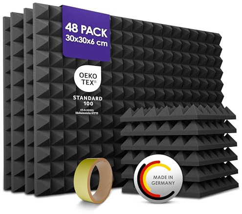 PolySound Pyramidenschaumstoff Akustikpaneele - 48 Stück 30x30x6cm, Akustikplatten mit Kleberolle zur einfachen Befestigung, Schallabsorber in Schwarz