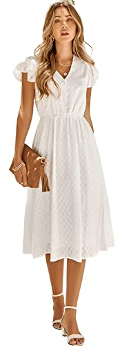 HEYPORK Damen Frühling Sommer Rock Bequem Lässig Kleider Mode Elegant Röcke Frauen Beiläufige Feste Farbe V-Ausschnitt Taille Abnehmender Frischer Stil Kleid(A Weiß, M)