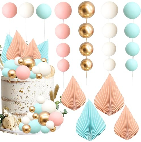 Gyufise Lot de 32 décorations de gâteau en forme d'éventail en papier - Mini ballons - Décorations de gâteau pour fête prénatale, mariage, fête d'anniversaire, bleu et rose