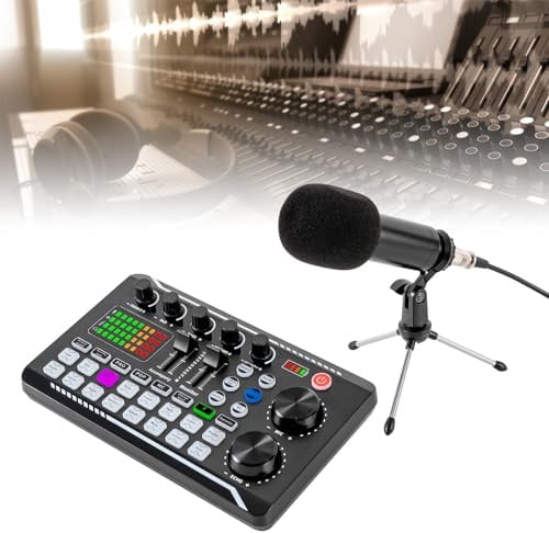 Podcast Mikrofon Set, Audio Mixer Set mit Kondensatormikrofon, Kopfhörer und Live Sound Card, 8 Soundmodi, 16 Soundeffekte, für Aufnahme, Spiele, Podcasts