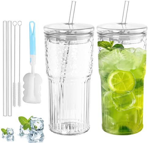WANDGU 2 vasos de cristal de 650 ml: vaso con tapa y pajita, cristal de café helado de boca ancha de cristal, diseño hermético e impermeable, ideal como café