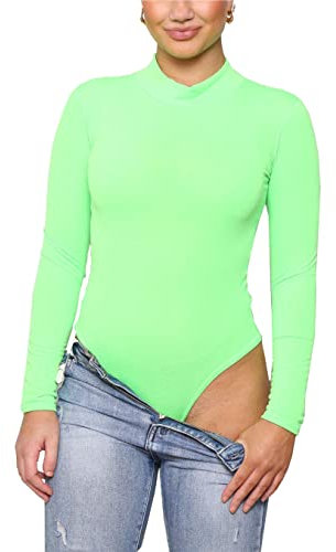 Party HuB Einfarbiger Damen-Body mit Rollkragen, langärmelig, dehnbar, Gymnastikanzug, T-Shirt, Einteiler, neon green, 8-10