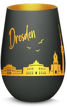 Gravur-Max Windlicht mit 360° Gravur Skyline Dresden Deko Glaslicht als tolles Geschenk mit Einer hochwertigen Lasergravur zu jedem Anlass in der Farbe Schwarz/Gold