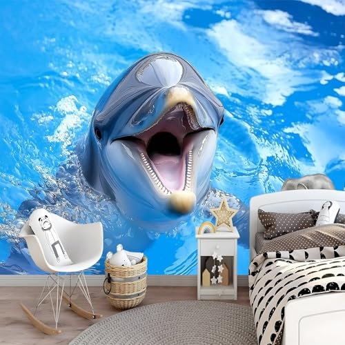 Papier Peint Panoramique Photographie D'Animaux Dauphins Effet 3D Peinture Murale Interieur Intissé Murales 250 X 175 Cm Pour Salon Chambre À Coucher D'Enfant Maison Décoration Murale Bleu
