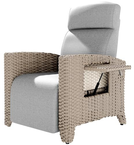 ONKBOITE Relaxliege Liegesessel, Ergonomische Relaxliege Rattansessel, Verstellbare Rückenlehne, mit Dickem Kissen, Geeignet für Drinnen, Balkon, Garten, Innenhof(Braune Rattankanten + Graues Kissen)