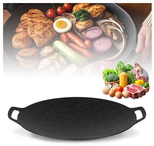 Non-Stick Round Baking Pan Upgrade Korean BBQ Grill Pan Cast Iron Large Griddle Pans, Multifunctional Barbecue Frying Pans Grill Plate for Indoor Outdoor Cooking Camping
