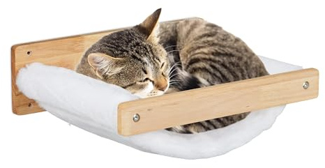 Relaxdays Katzenhängematte, Wand, hängendes Katzenbett, Plüsch, HBT: 17x39,5x32,5 cm, Katzenwandliege Holz, weiß/Natur