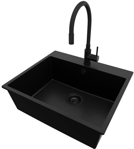 PRIMAGRAN Granitspüle ab 60er Unterschrank + Küchenarmatur, 58x50cm | Set: Küchenarmatur BW6020 + Ablauf-Set (Siphon, Ablaufgarnitur, Überlauf) + Spülbecken 1 Becken - Riga, Alles Schwarz