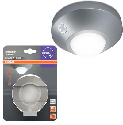 Osram NIGHTLUX Deckenleuchte, Silber, mit Bewegungs- & Lichtsensor, batteriebetrieben, IP20, 105 lm, 4000K, einfache Montage und robustes Gehäuse.