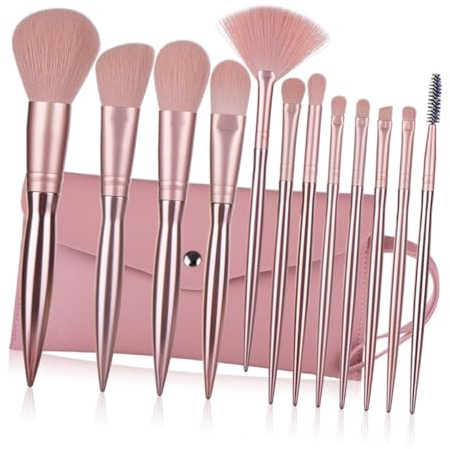 Gogogmee 12pcs Rose Gold Electroplated Cosmetics Brush with Plastic Handles Fine Dense Bristles Powder Makeup Brushes Kit for Daily and Professional Use Includes Portable Storage Bag