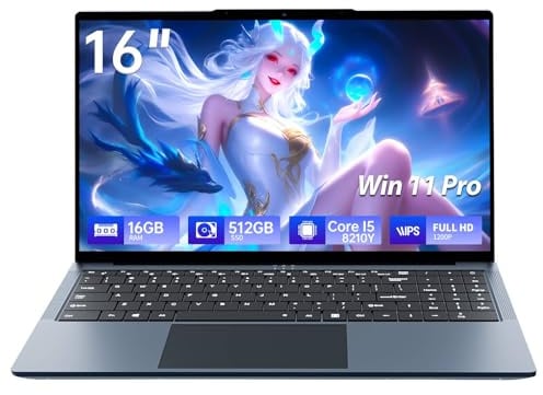 Notebook 16 Pollici, Core i5-8210Y CPU, Win 11 PC Portatile 16GB RAM 512GB SSD, Laptop Tastiera Retroilluminata, 1920*1200 IPS Full HD Schermo, (Mini-HDMI+USB3.0+Type-C+Webcan+WIFI5+5800Mah Battery)