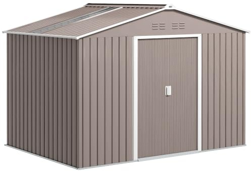 Outsunny Abri de Jardin Acier Galvanisé XXL 5,4 m² 277x195x192cm Gris Clair | Cabanon Jardin Extérieur, Kit de Fondation, Toit en Fibre de Verre, Potres Coulissantes, 4 Aérations