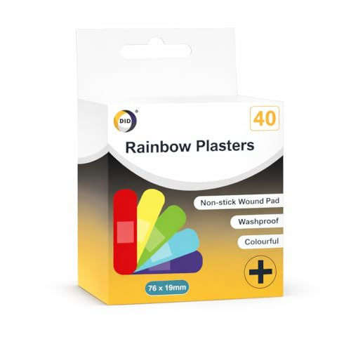 Kids Rainbow Coloured Plasters, 76 x 19mm, 40 Pack, Washproof, Non-Stick Wound Pad, Self-Adhesive