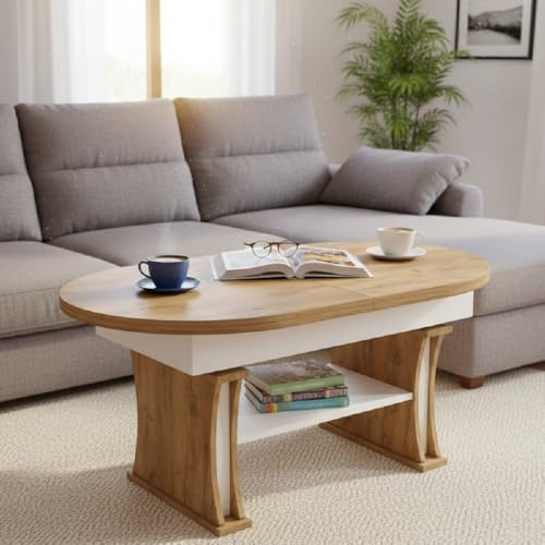 DA-130 Couchtisch oval Eiche Gold / Weiß matt ausziehbar 130 bis 170 cm höhenverstellbar 60-75 cm Ablage modern ovaler Wohnzimmertisch Esstisch Beistelltisch Sofatisch platzsparend Wohnzimmer