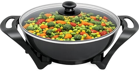 BEPER P101COS100 Wok électrique 33 cm, 1500 W, revêtement antiadhésif en céramique, thermostat réglable, 5 litres, couvercle en verre, idéal pour sauter, frire et mijoter.
