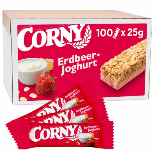 Müsliriegel Corny Classic Erdbeer-Joghurt | Fruchtig & Cremig | 100 x 25 g | Knusprige Getreidebasis | Für Büros, Meetings & Besprechungen | Ideal für Cafeterien & Buffets | Praktische Vorratspackung